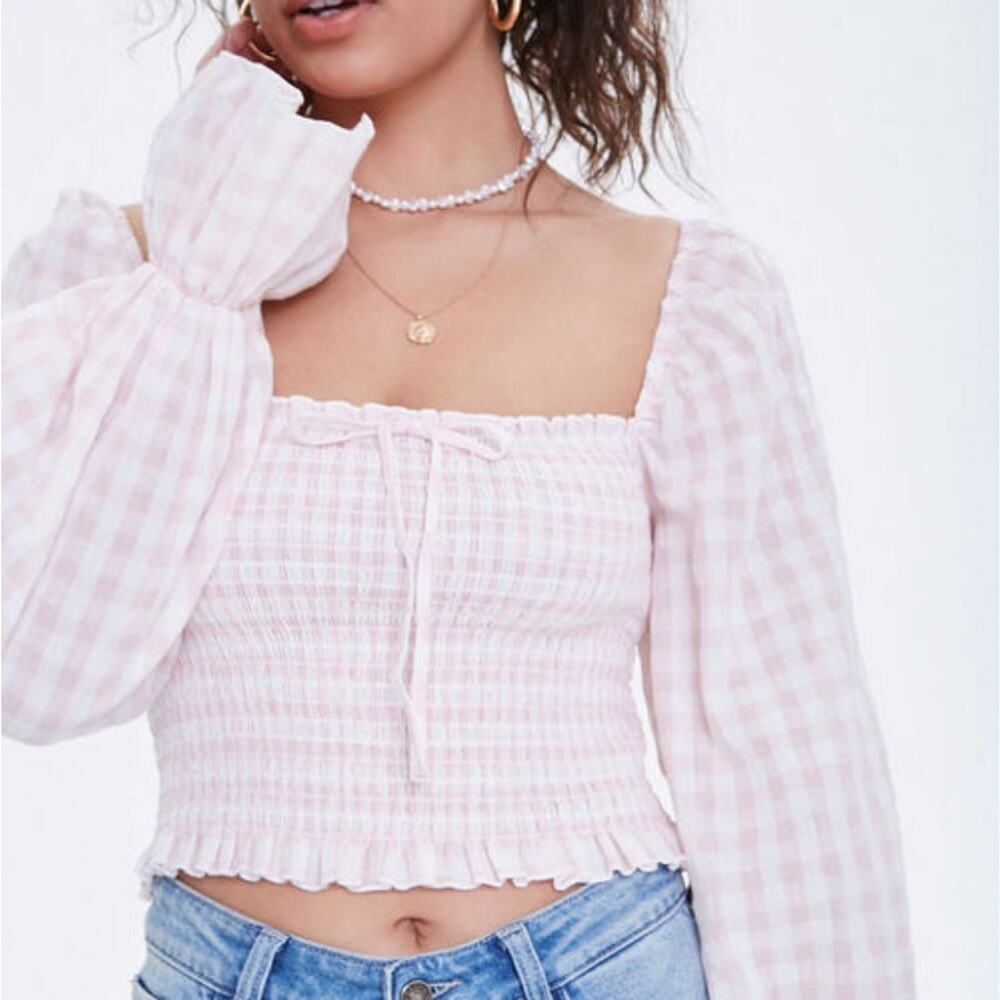Forever 21 Pink & White Gingham Puff Sleeve Smocked Crop Top, Sz S